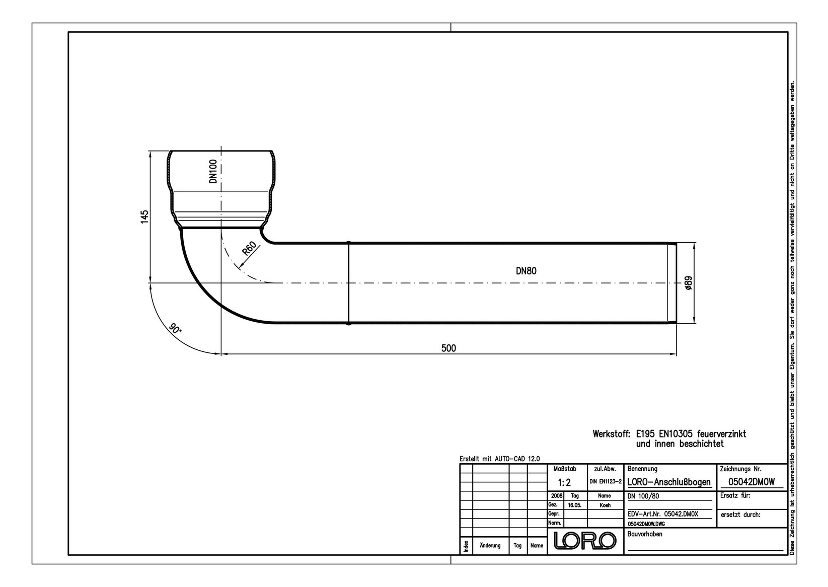 LORO DRAINJET Anschlussbogen DN 100/80, 90Grad, für Druckströmung
