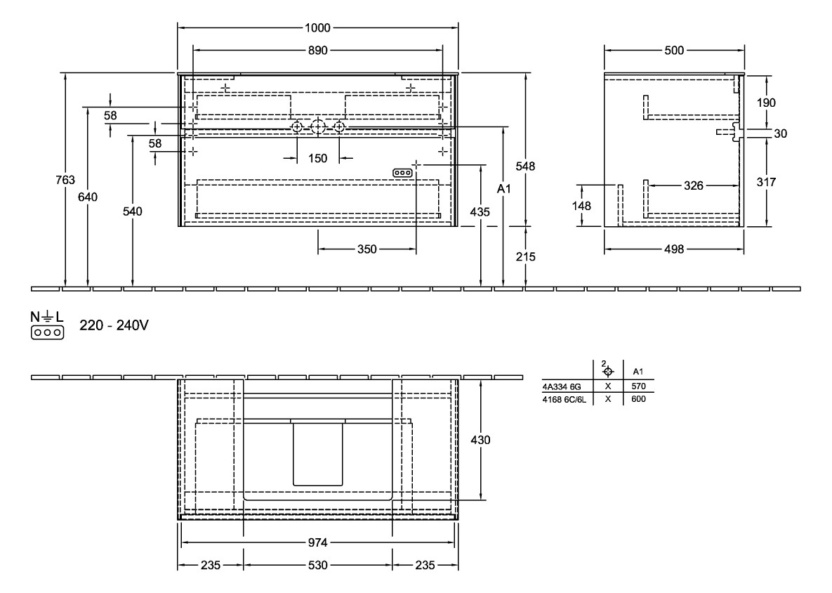 V&B Waschtischunterschrank Collaro 100x54,8x50cm, Waschtisch mittig, LED-Beleuchtung 7,3 W, white wood