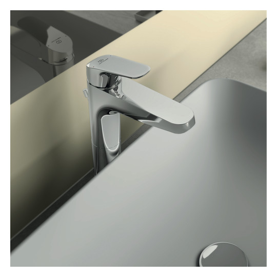 Ideal-Standard Waschtisch-Einhebelmischer CeraFlex chrom, verlängerter Sockel, mit Ablaufgarnitur, Ausladung 140mm