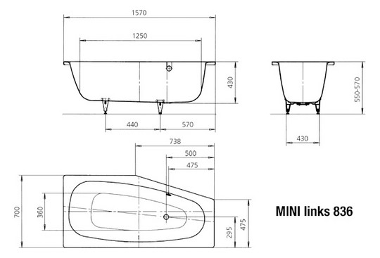 Kaldewei Badewanne MINI links 836 157x70/47,5cm, Vollantislip Perl-Effekt, schwarz