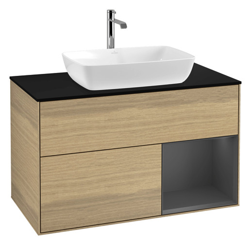 V&B Waschtisch-Unterschrank Wandbeleuchtung Finion 100cm, Abdeckplatte black matt, Regal Anthracite matt lacquer, Oak Veneer