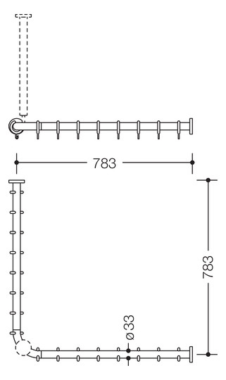 HEWI Vorhangstange 801 800 x 800 mm, 16 Vorhangringe, tiefschwarz, winklig