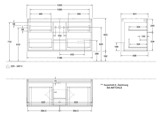 V&B Waschtisch-Unterschrank Wandbeleuchtung Finion 120x60,3cm, Abdeckplatte black matt, White matt lacquer