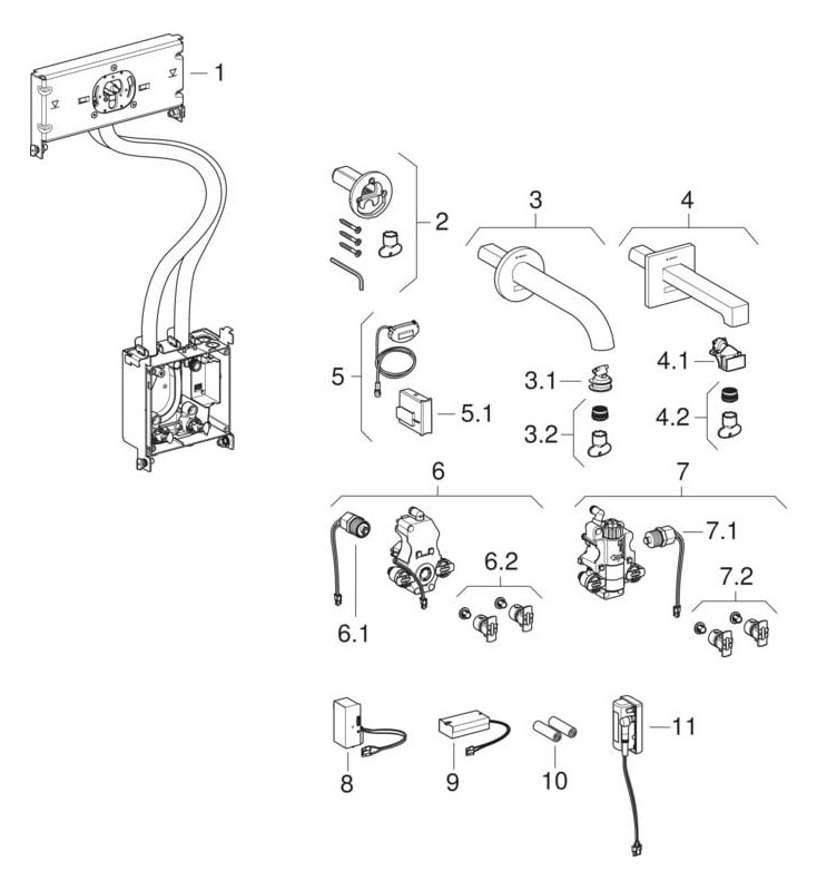 Geberit Infrarot-Waschtisch-Armatur Brenta 17 cm, Wandmontage, Netzbetrieb, UP-Funktionsbox, mit Thermostatmischer, hochglanz-verchromt