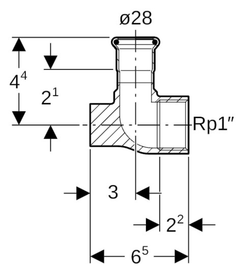 Geberit Gas-Anschlusswinkel abgesetzt Mapress 90Grad, Kupfer, Ø 28 mm x Rp 1, Länge 65 mm