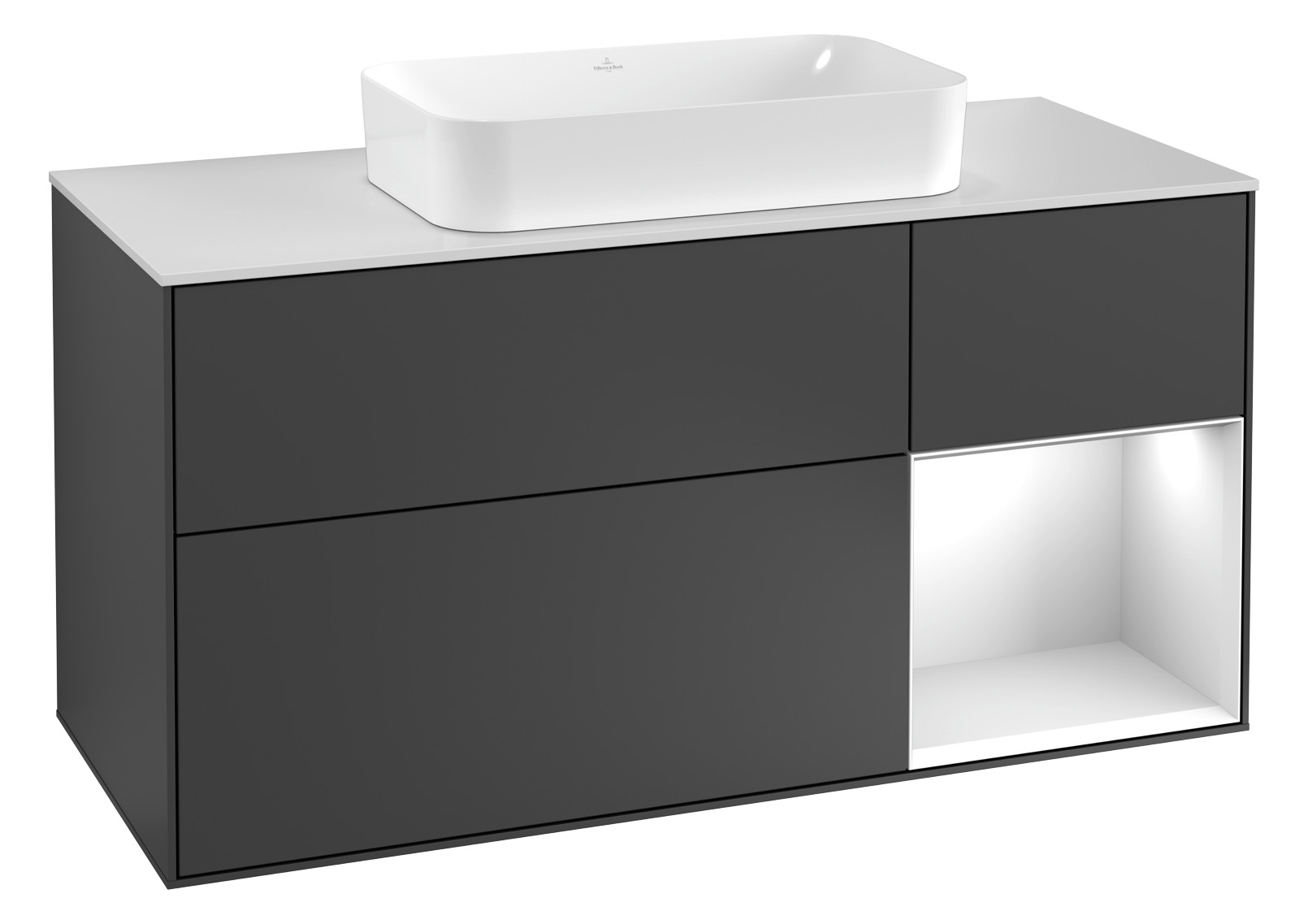 V&B Waschtisch-Unterschrank Finion 120x60,3x50,1cm, Regal rechts Glossy white lacquer, White matt lacquer