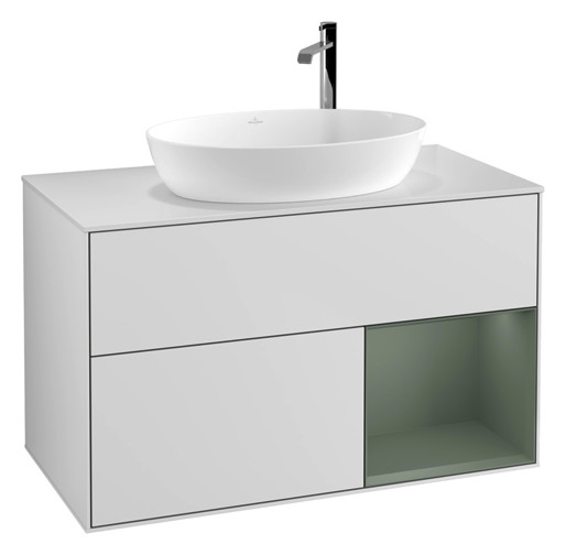 V&B Waschtisch-Unterschrank Finion 100cm, Abdeckplatte white matt, Regal Olive matt lacquer, White matt lacquer