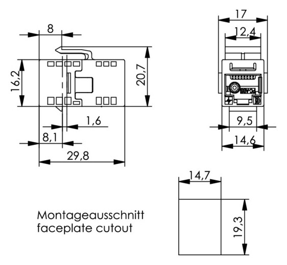 Modular-Kupplung 6 RJ45/RJ12 ger Buchse/Buchse einrasten