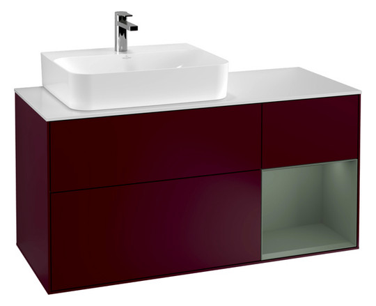V&B Waschtisch-Unterschrank Finion 120cm, Abdeckplatte white matt, Regal rechts Olive Matt Lacquer, Peony Matt