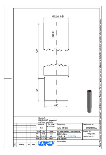 LORO X Regenfallrohr DN 100, 500 mm, mit reduziertem Einschubende, Stahl