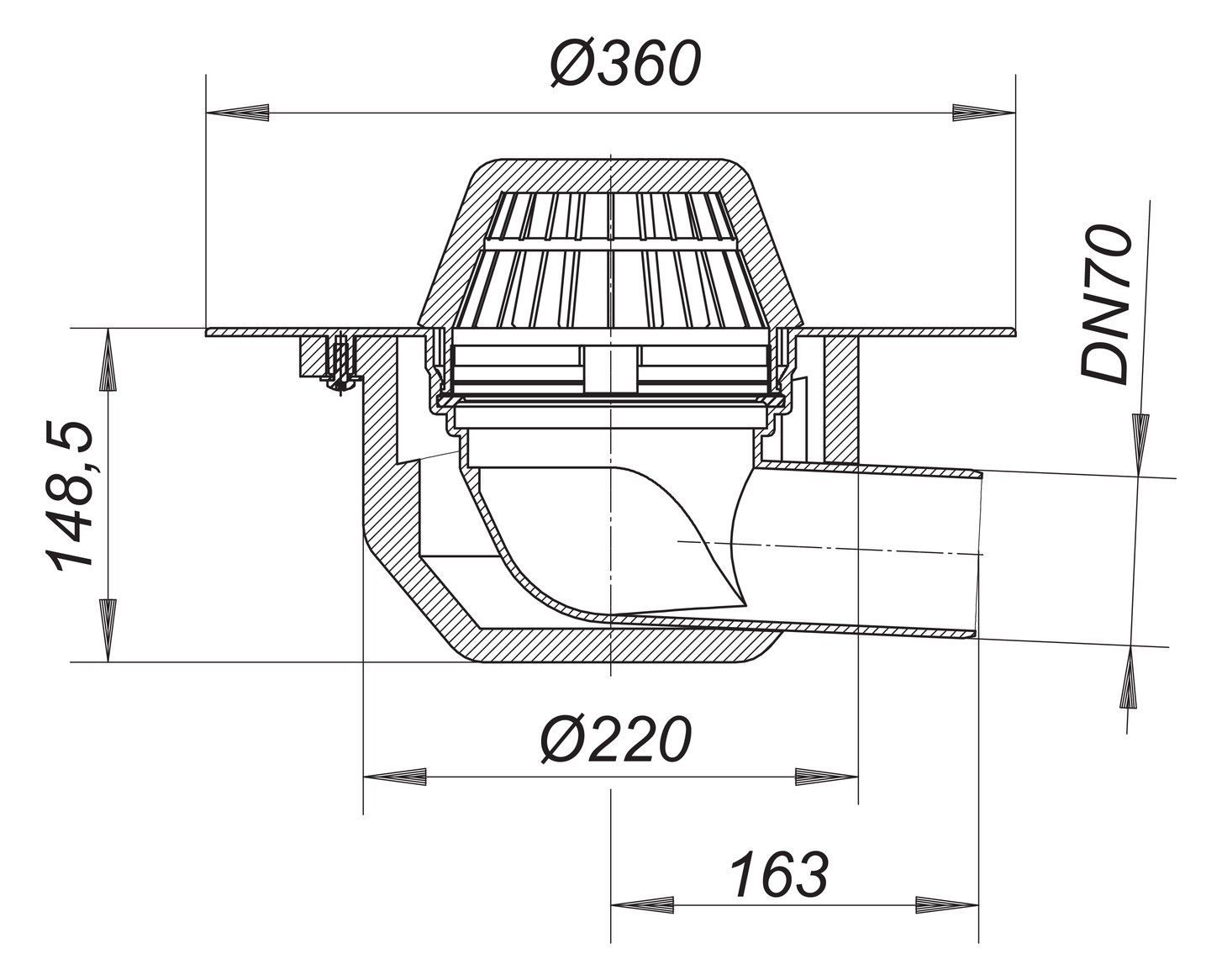 Dallmer Dachablauf 64 FPO-PP, DN 70, extra breiter Flansch