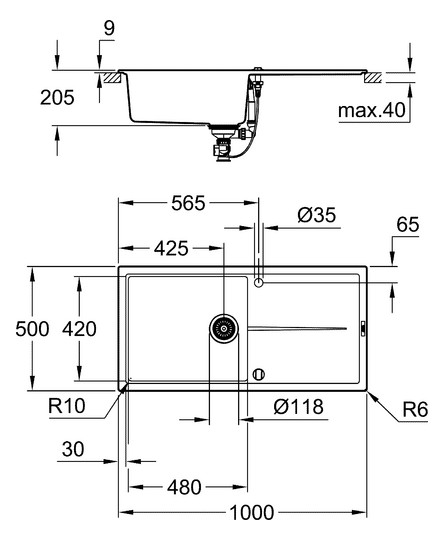 GROHE Komposit-Einbauspüle K400 60-C 100/50 1.0 rev 100x50cm, mit Abtropffläche, aufliegend, 1 Becken, granit schwarz