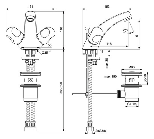 Ideal-Standard Waschtisch-Zweigriff-Armatur Alpha mit Ablaufgarnitur, Ausladung 120mm, verchromt