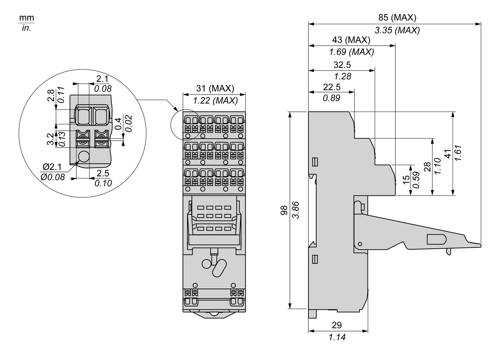 Relaissockel Federzug TS35 14Pins abn.Klemm Hutschiene TH35 31x85x98mm