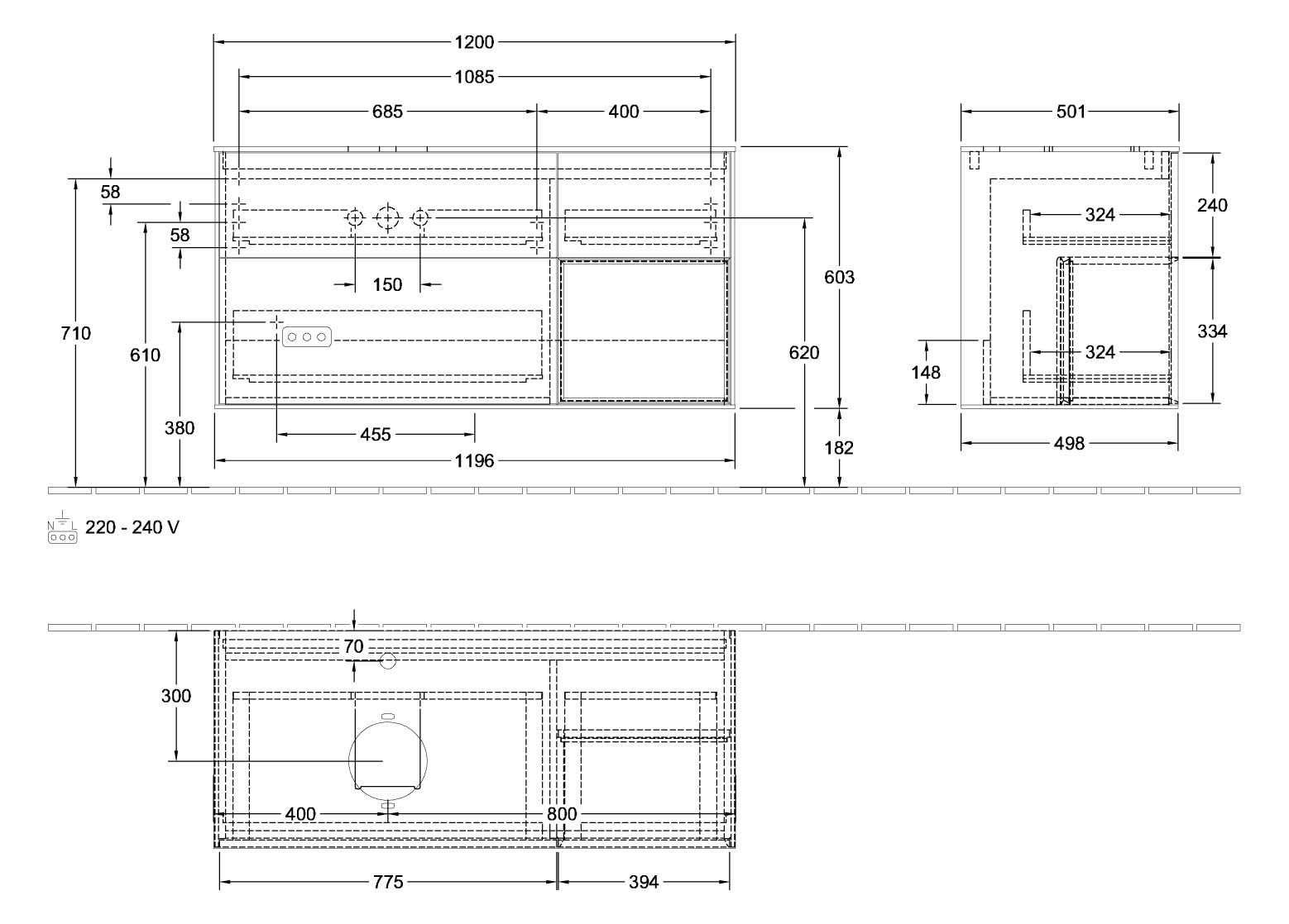 V&B Waschtisch-Unterschrank Finion 120cm, Abdeckplatte white matt, Regal Oak Veneer, Olive Matt Lacquer