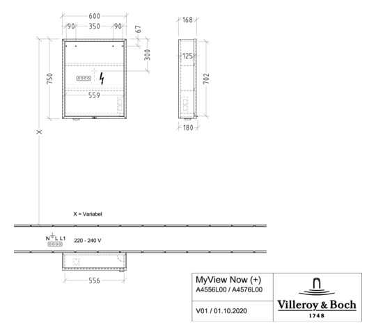 V&B Spiegelschrank MY VIEW NOW 60 x 75 x 16,8 cm, Anschlag links, LED-Beleuchtung, 1 Tür, Ein-/Ausschalter