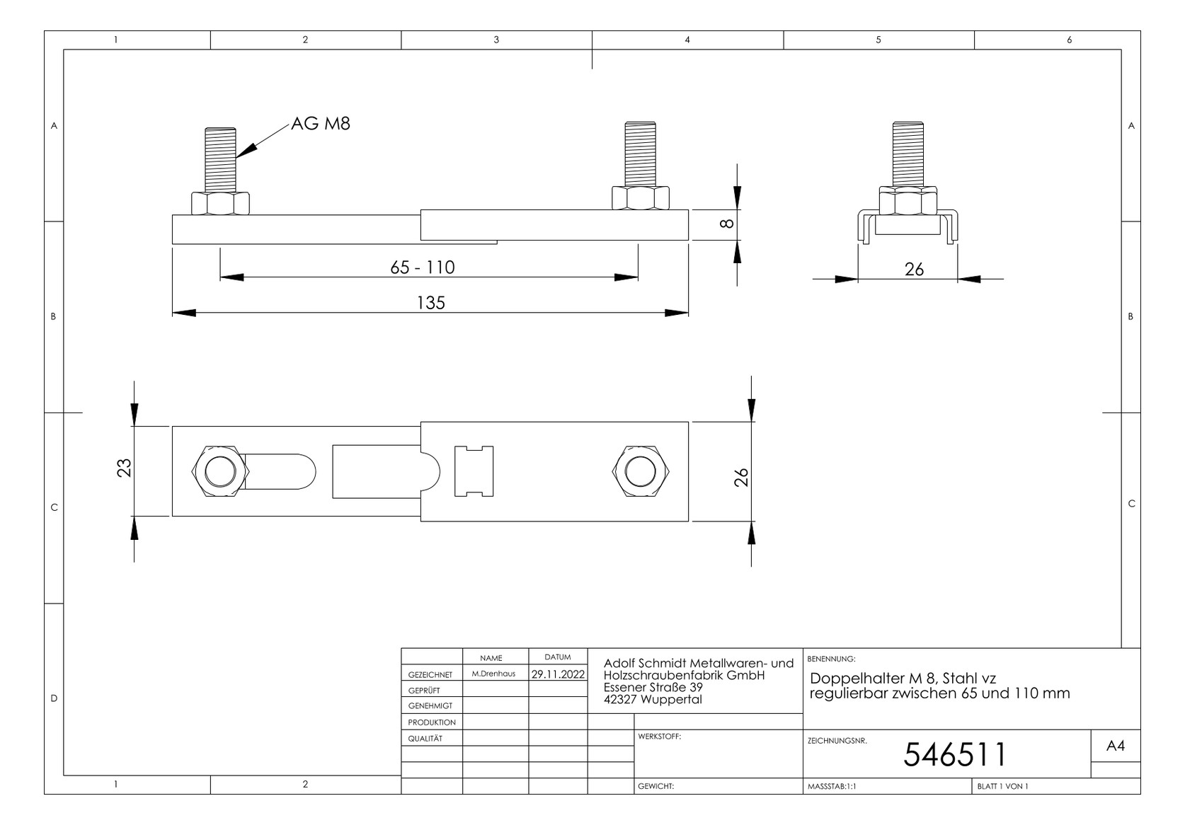 ASW Doppelhalter M 8, Stahl verzinkt, Verstellbereich 65-110 mm