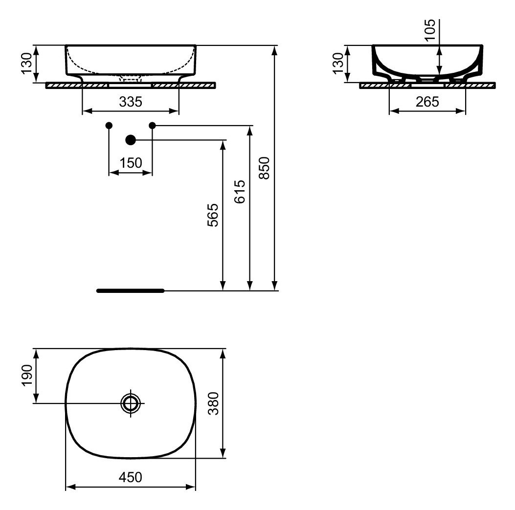 Ideal-Standard Waschtisch Linda-X 45x38x13cm, ohne Hahnloch/Überlauf, seidenweiß