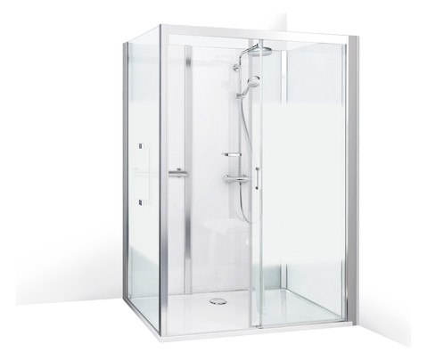 Roth Komplettdusche Vinata Comfort Eck 1360 x 777 x 2160 mm, ESG Rückwände weiß, ESG Schiebetür Flowdekor