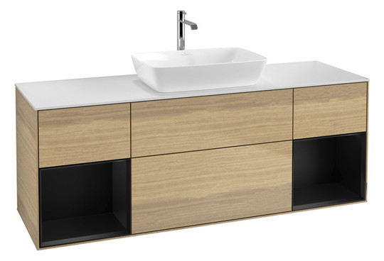 V&B Waschtisch-Unterschrank Wandbeleuchtung Finion 160cm, Abdeckplatte white matt, Regal Black matt lacquer, Oak Veneer