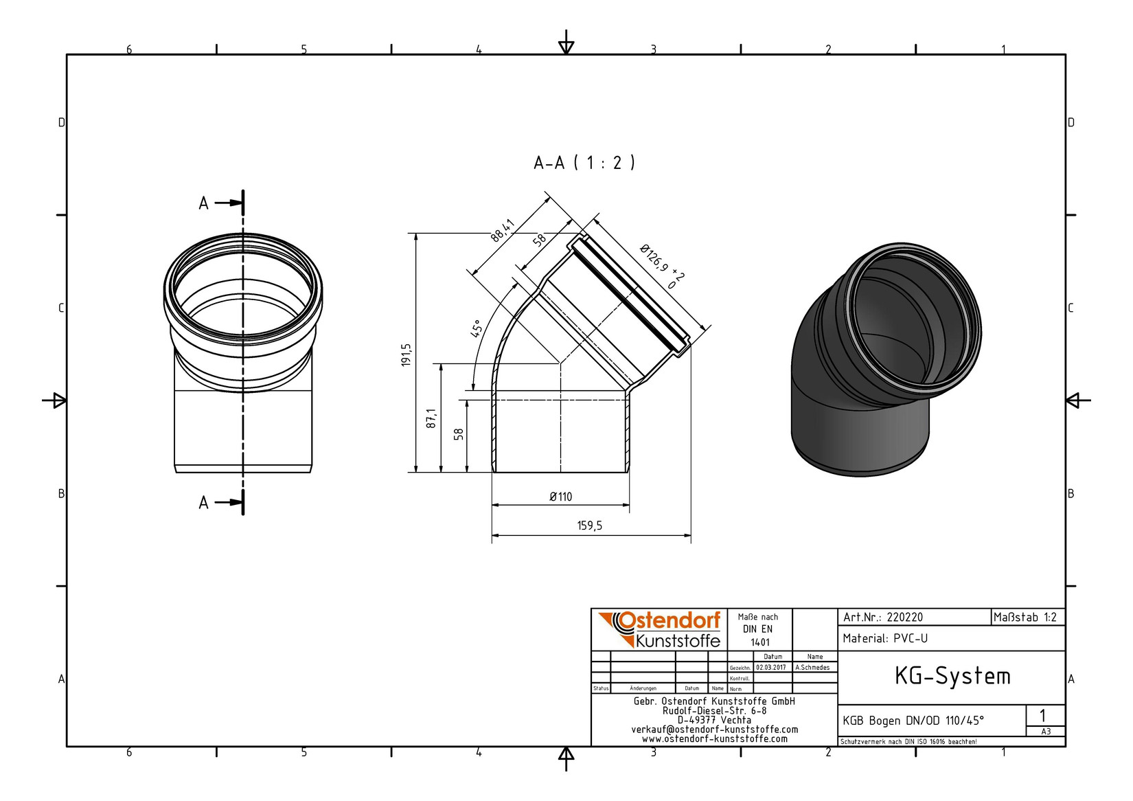 Ostendorf KG Bogen B DN/OD 110, 45°