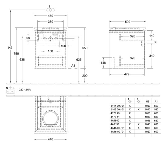 V&B Waschtischunterschrank Legato 45x55x50cm, Waschtisch mittig, mit LED-Beleuchtung, Glossy White
