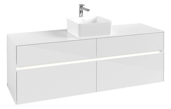 V&B Waschtischunterschrank Collaro 160x54,8x50cm, Waschtisch mittig, LED-Beleuchtung 12W, glossy white
