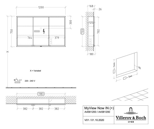 V&B Einbau-Spiegelschrank MY VIEW NOW 120 x 75 x 16,8 cm, LED-Beleuchtung, 3 Türen, mit Sensorschalter