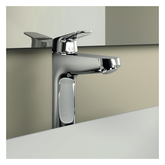 Ideal-Standard Waschtisch-Einhebelmischer CeraFlex chrom, verlängerter Sockel, mit Ablaufgarnitur, Ausladung 140mm