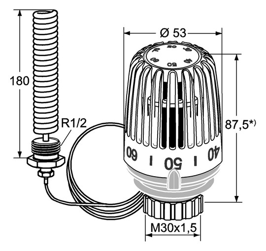 Heimeier Thermostat-Kopf K R 1/2 x 128 mm, mit Wendel-Tauchfühler, weiß