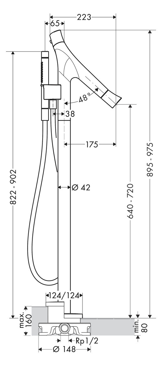 hansgrohe Fertigmontageset Axor Starck Organic Wannenthermostat, Ausladung 175mm, bodenstehend, chrom