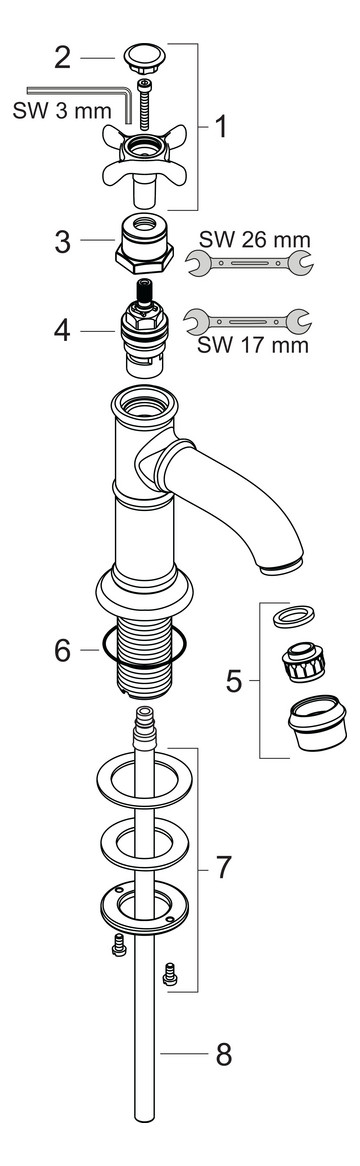 hansgrohe Standventil 50 Axor Montreux Ausladung 104mm, mit Kreuzgriff, ohne Ablaufgarnitur, chrom