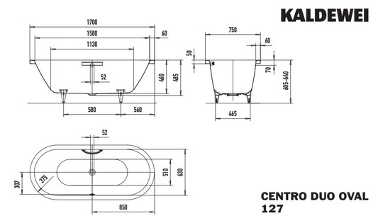 Kaldewei Badewanne CENTRO DUO oval 127 170x75cm, Griffloch, Perl-Effekt, Rutschhemmend, bahamabeige
