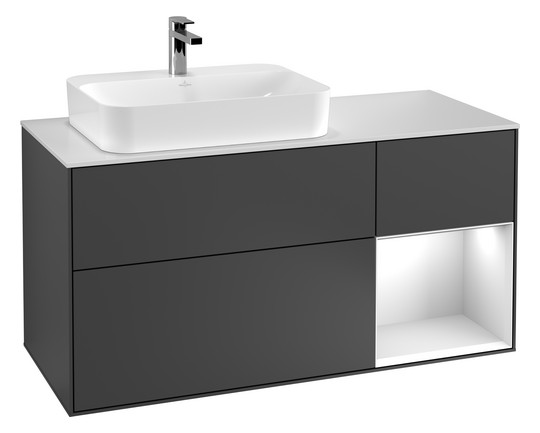 V&B Waschtisch-Unterschrank Finion 120cm, Abdeckplatte white matt, Regal rechts Peony, Olive Matt Lacquer