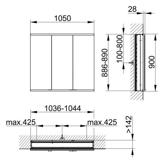 KEUCO Spiegelschrank Royal Modular 2.0 1050 x 900 x 160 mm, ohne Steckdose, Wandeinbau, 3 Türen