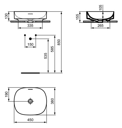 Ideal-Standard Waschtisch Linda-X ohne Hahnloch, mit Überlauf, 45x38x15,5cm, weiß Ideal Plus