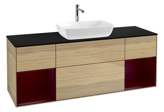 V&B Waschtisch-Unterschrank Wandbeleuchtung Finion 160cm, Abdeckplatte black matt, Regal Peony matt lacquer, Oak Veneer