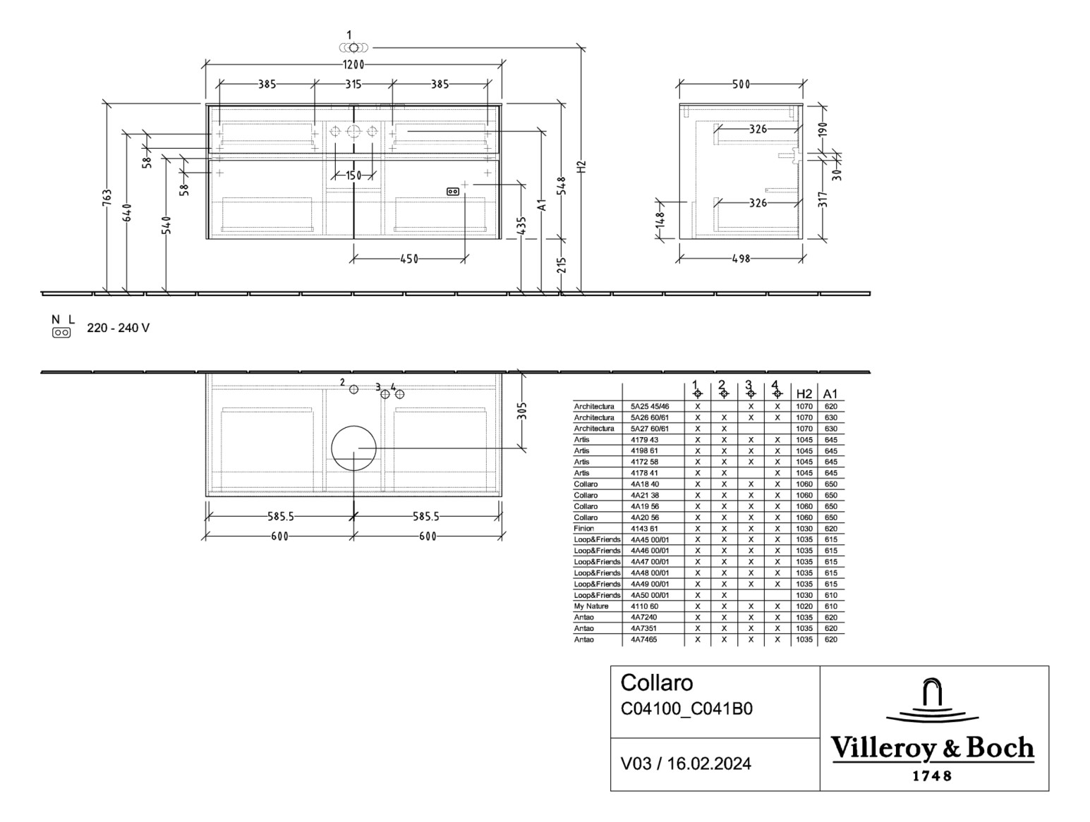 V&B Waschtischunterschrank Collaro 120x54,8x50cm, Waschtisch mittig, stone oak