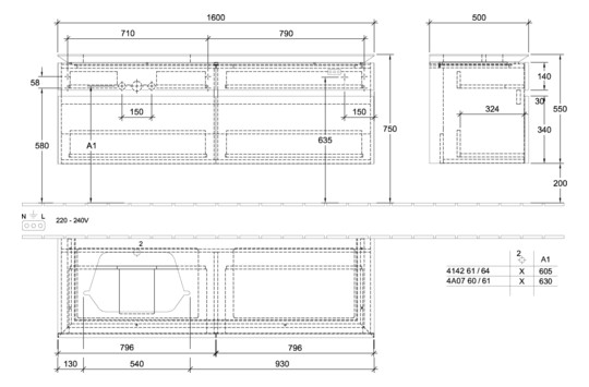 V&B Waschtischunterschrank Legato 160x55x50cm, Waschtisch links, mit LED-Beleuchtung, Stone Oak