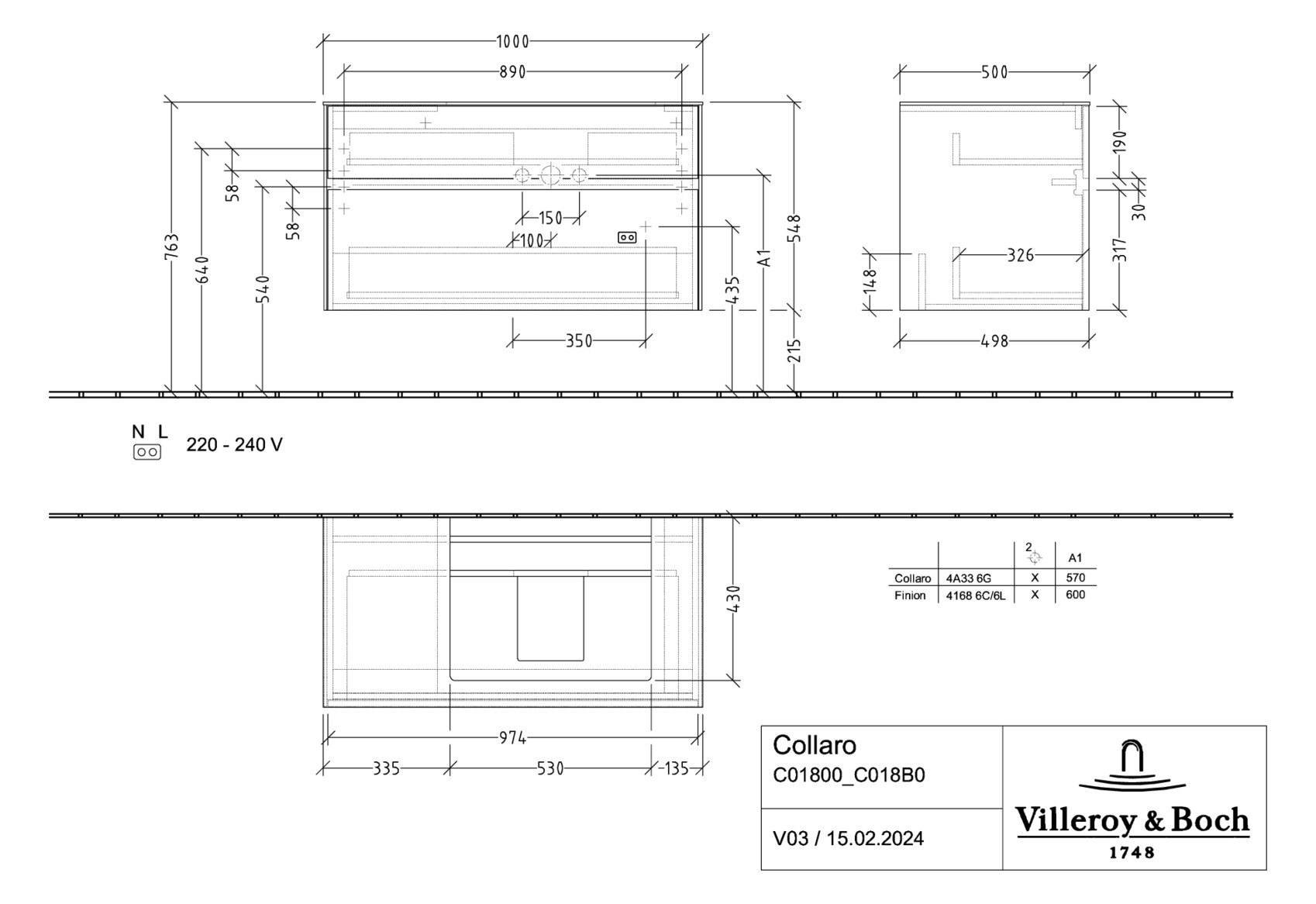 V&B Waschtischunterschrank Collaro 100x54,8x50cm, Waschtisch rechts, LED-Beleuchtung 7,3 W, black matt laquer
