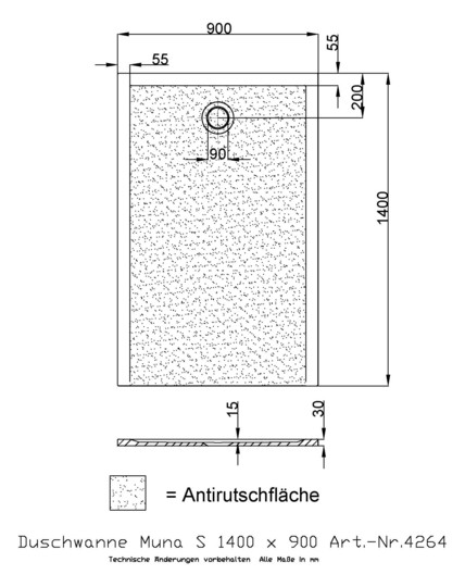 Hoesch Mineralguss-Duschwanne Muna S 140 x 90 x 3 cm, weiß matt, Antirutsch