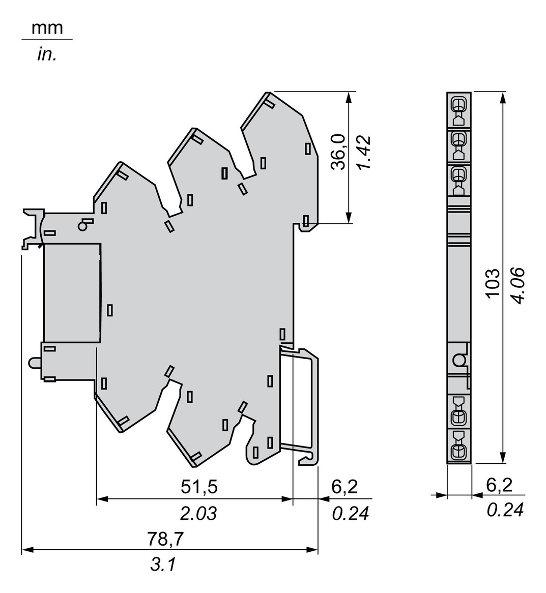 Schaltrelais 1W IP40 6,2x78,6x101mm Federzugans