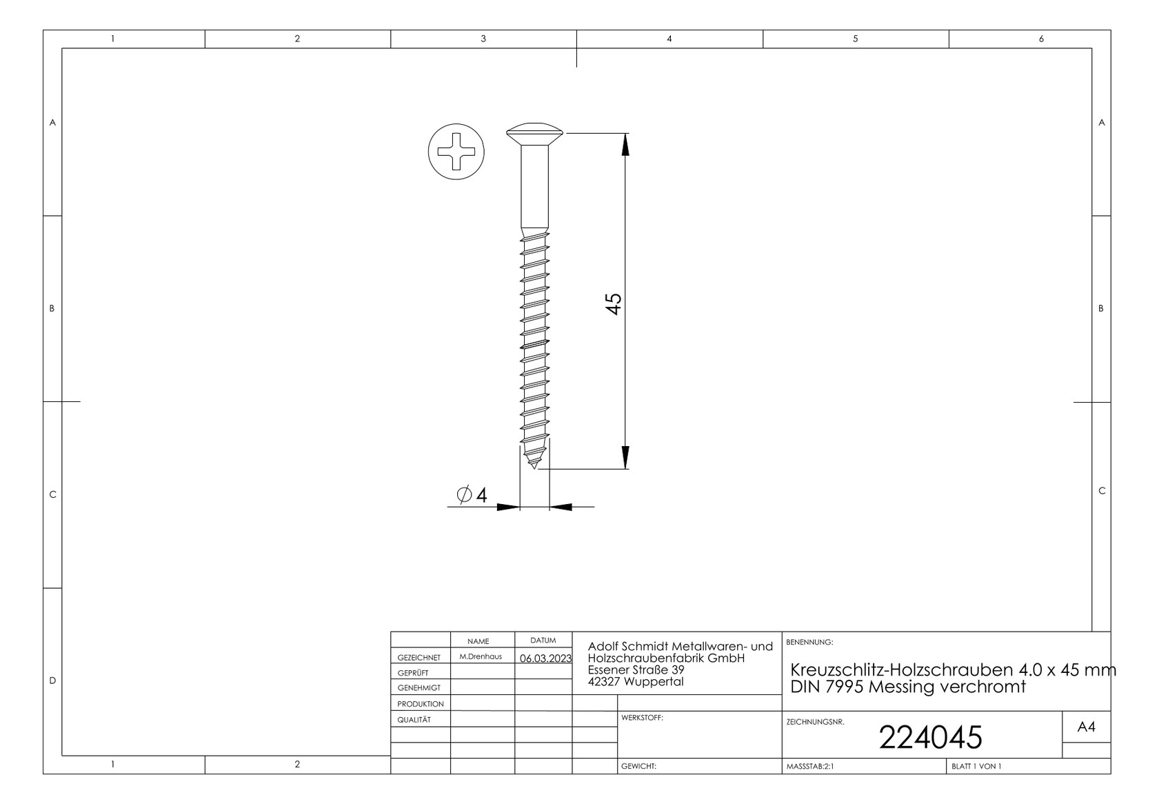 ASW Kreuzschlitz-Holzschraube 4,0 mm x 45 mm, Messing verchromt, DIN 7995