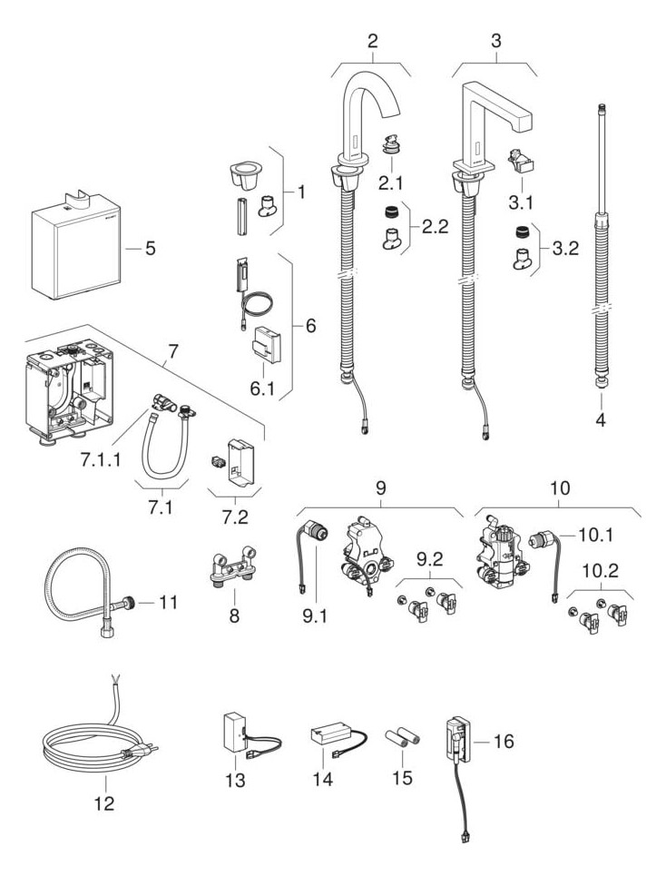 Geberit Infrarot-Waschtisch-Armatur Piave mit Thermostatmischer, Standmontage, Batteriebetrieb, AP-Funktionsbox