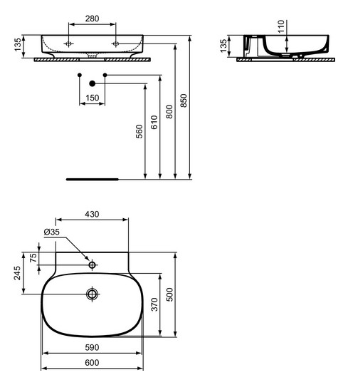 Ideal-Standard Waschtisch Linda-X 1 Hahnloch, ohne Überlauf, 60x50x13,5cm, geschliffen, weiß Ideal Plus