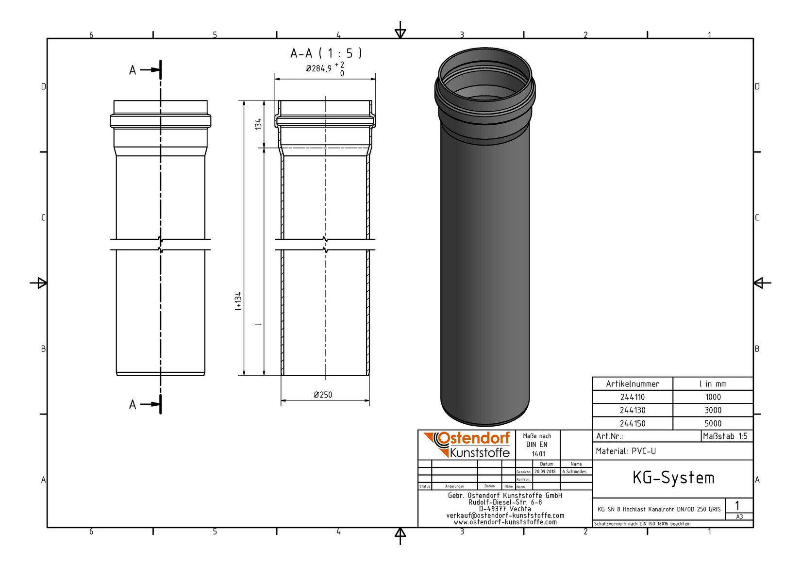 Ostendorf KG Rohr SN 8 EM DN/OD 250, 3000 mm, mit Steckmuffe/Lippendichtung
