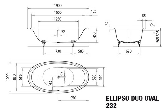 Kaldewei Badewanne ELLIPSO DUO oval 232 190x100cm, Griffloch, Antislip, bahamabeige