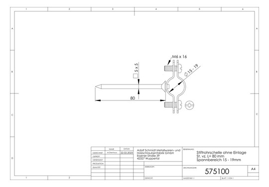 ASW Einschlag-Stiftrohrschelle Spannbereich 21-23 mm, Stiftlänge 80mm, ohne Einlage