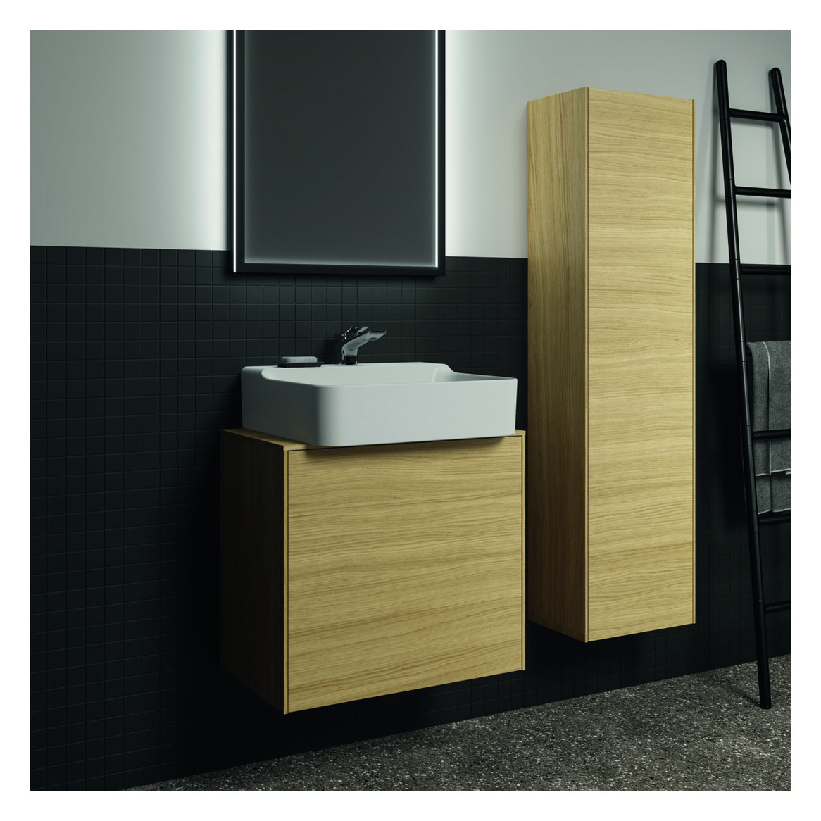 Ideal-Standard Halbhochschrank Conca 1 Tür, Anschlag rechts oder links, 37x25x140cm, Eiche hell Furnier