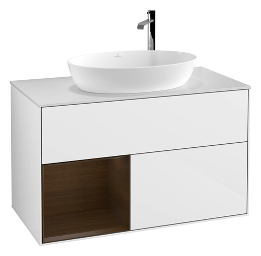 V&B Waschtisch-Unterschrank Wandbeleuchtung Finion 100cm, Abdeckplatte white matt, Regal Walnut Veneer, Glossy white lacquer